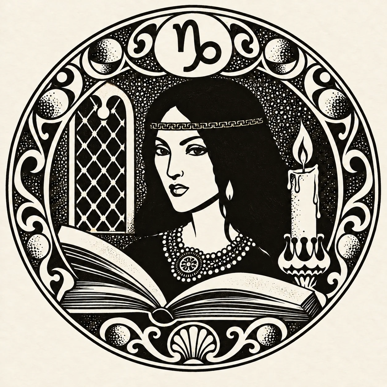 Чёрная гравюра на светлом фоне: женщина у окна с открытой книгой и свечой, в верхнем медальоне символ Козерога ♑