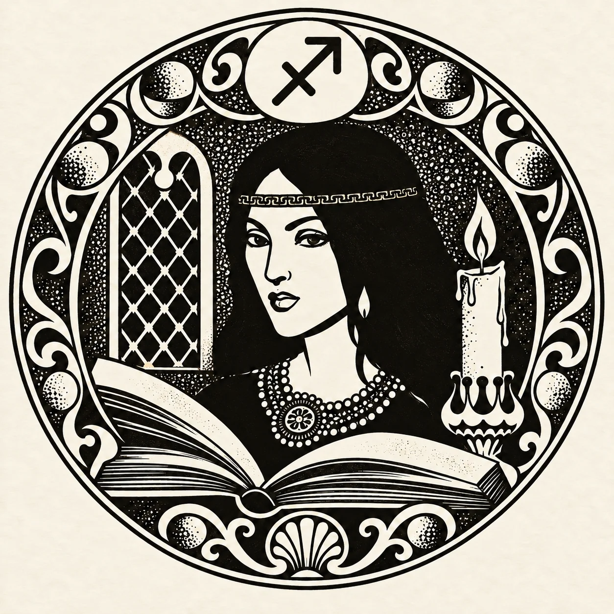 Чёрная гравюра на светлом фоне: женщина у окна с открытой книгой и свечой, в верхнем медальоне символ Стрельца ♐