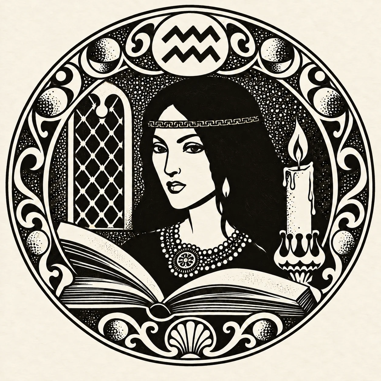 Чёрная гравюра на светлом фоне: женщина у окна с открытой книгой и свечой, в верхнем медальоне символ Водолея ♒